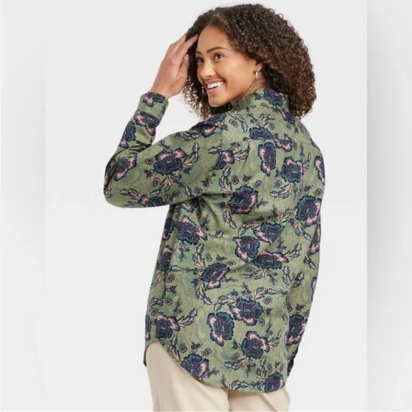 🌿 Houston White x Target Green Floral Button-Up Shirt Women’s M | Fall Retro - Picture 2 of 10